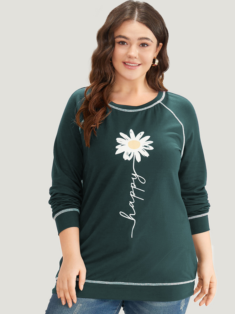 Plus Size Floral Print Stitch Crew Neck Raglan Sleeve Sweatshirt Women Teal Casual Elastic cuffs Dailywear Sweatshirts BloomChic 30/6X 