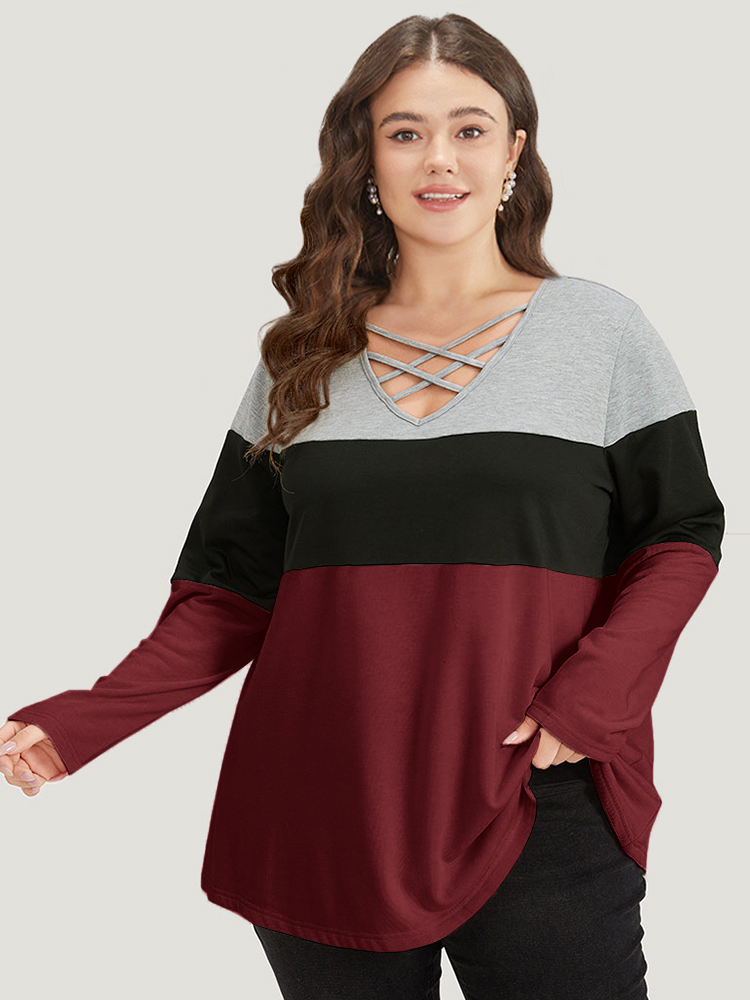 

Plus Size Colorblock Contrast Crisscross V Neck Sweatshirt Women Burgundy Casual Contrast V-neck Everyday Sweatshirts BloomChic