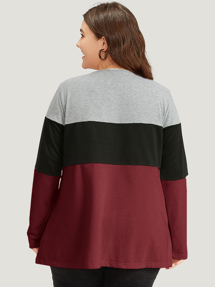 Plus Size Colorblock Contrast Crisscross V Neck Sweatshirt Women Burgundy Casual Contrast V-neck Everyday Sweatshirts BloomChic 30/6X 