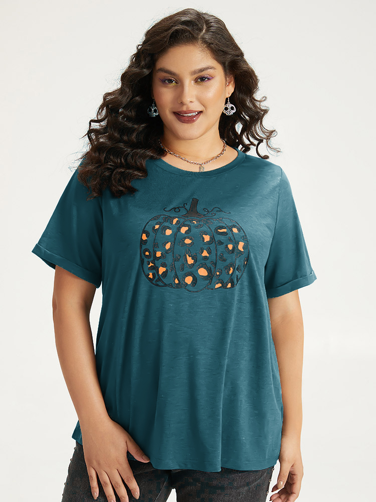 

Plus Size Halloween Pumpkin Print Crew Neck T-shirt Indigo Women Casual Printed Halloween Dailywear T-shirts BloomChic