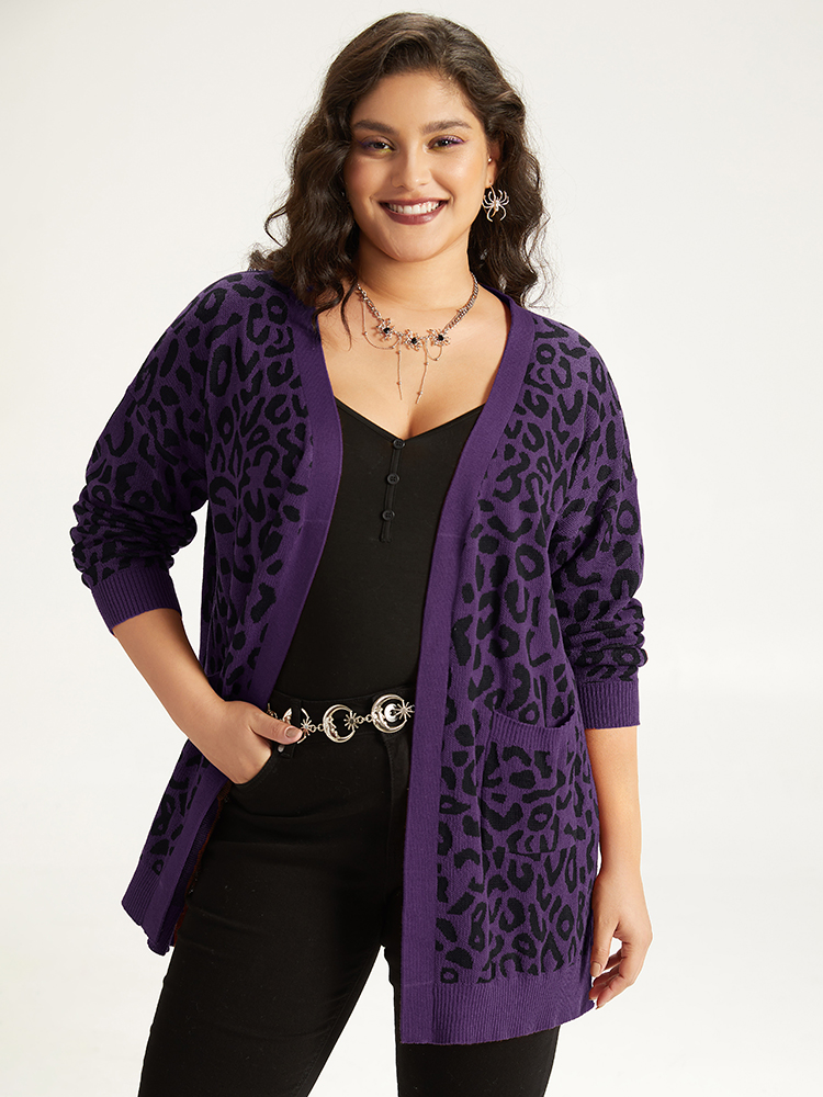 

Plus Size Halloween Leopard Print Patched Pocket Split Side Cardigan Purple Women Casual Loose Long Sleeve Festival-Halloween Cardigans BloomChic