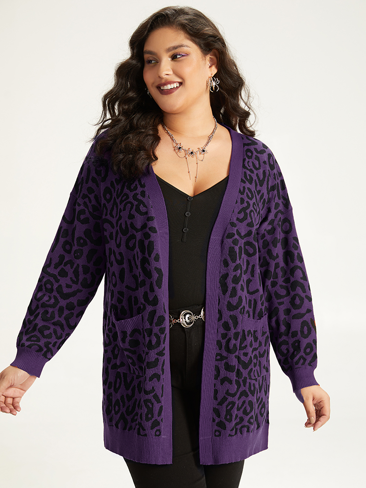 Plus Size Halloween Leopard Print Patched Pocket Split Side Cardigan Purple Women Casual Loose Long Sleeve Festival-Halloween Cardigans BloomChic 28/5X 
