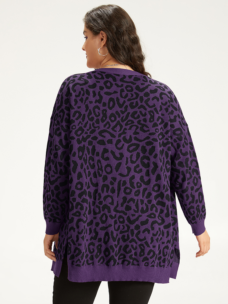 

Plus Size Halloween Leopard Print Patched Pocket Split Side Cardigan Purple Women Casual Loose Long Sleeve Festival-Halloween Cardigans BloomChic