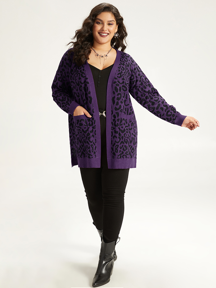 Plus Size Halloween Leopard Print Patched Pocket Split Side Cardigan Purple Women Casual Loose Long Sleeve Festival-Halloween Cardigans BloomChic 28/5X 