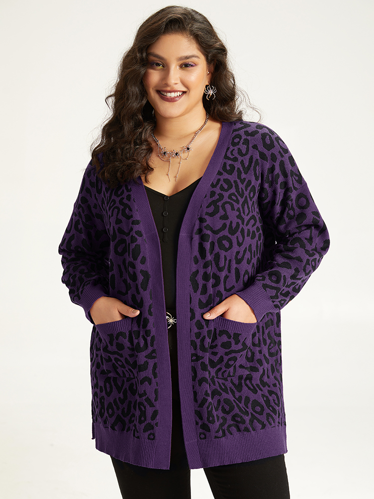 Plus Size Halloween Leopard Print Patched Pocket Split Side Cardigan Purple Women Casual Loose Long Sleeve Festival-Halloween Cardigans BloomChic 28/5X 