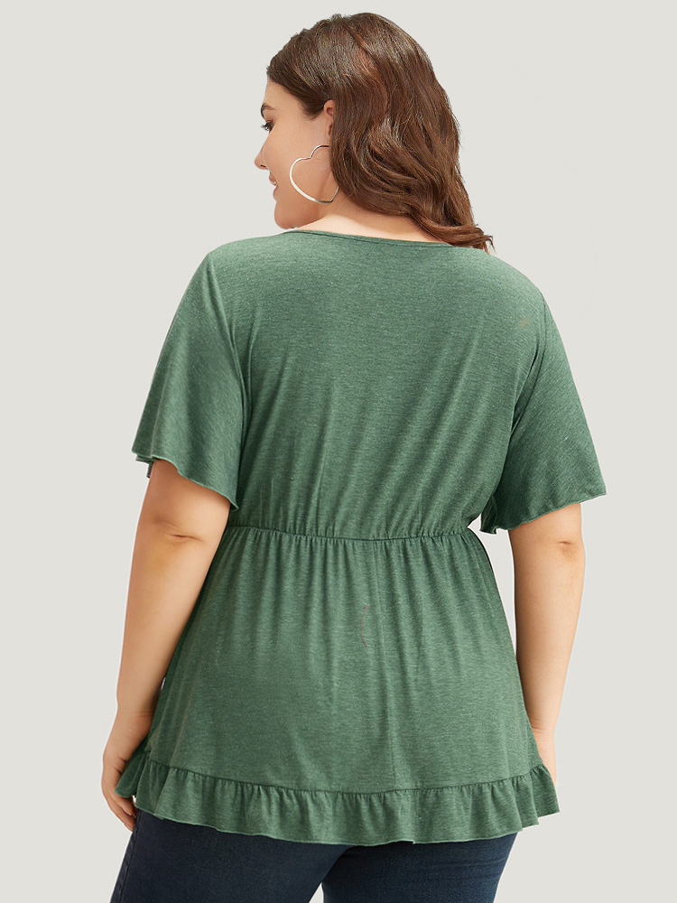 

Plus Size Plain Ruffle Sleeve Wrap Elastic Waist Gathered T-shirt Green Overlap Collar Short sleeve Elegant Jersey Tops