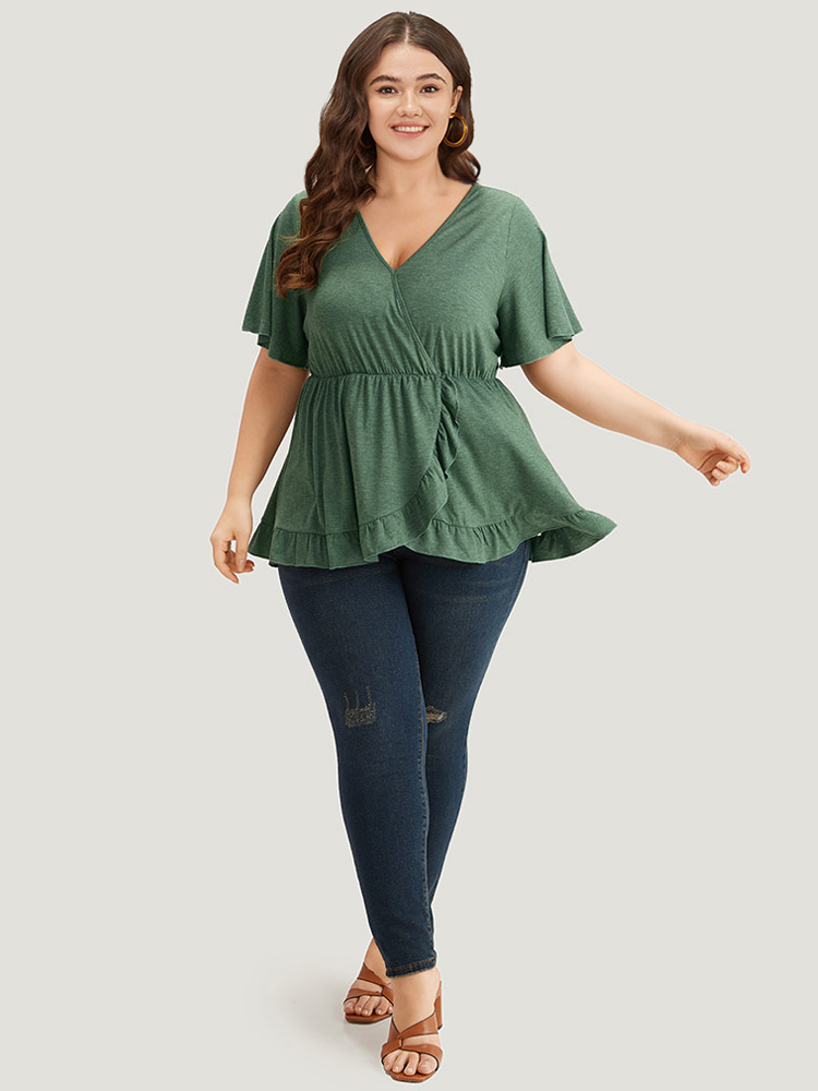 

Plus Size Plain Ruffle Sleeve Wrap Elastic Waist Gathered T-shirt Green Overlap Collar Short sleeve Elegant Jersey Tops