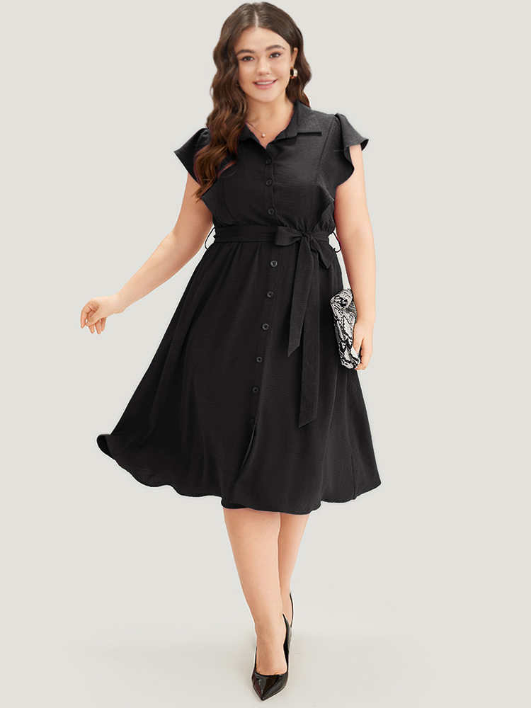 

Plus Size Solid Belted Ruffle Trim Shirt Collar Dress Black Women Office Plain Shirt collar Sleeveless Curvy Midi Dress BloomChic