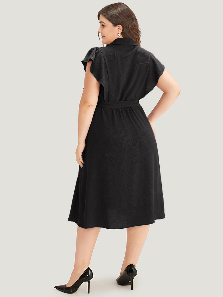 

Plus Size Solid Belted Ruffle Trim Shirt Collar Dress Black Women Office Plain Shirt collar Sleeveless Curvy Midi Dress BloomChic