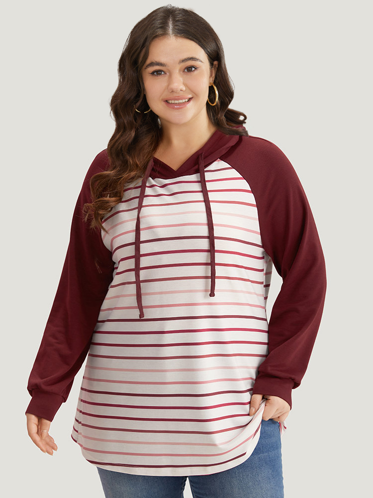 

Plus Size Striped Patchwork Contrast Hooded Raglan Sleeve Sweatshirt Women Multicolor Casual Elastic cuffs Hooded Dailywear Sweatshirts BloomChic