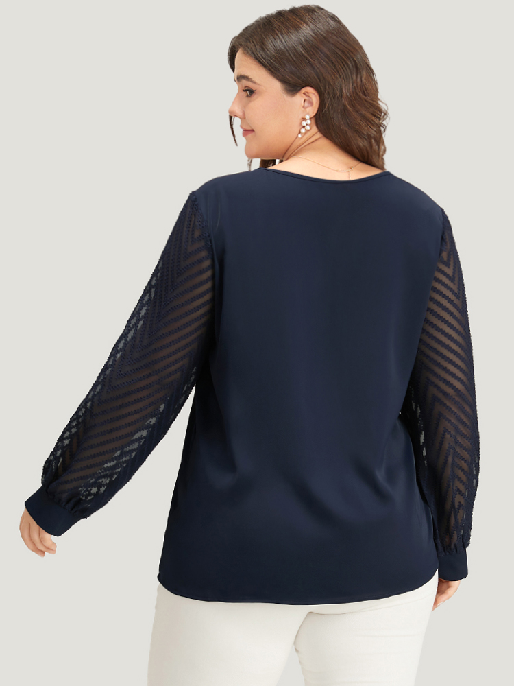 Plus Size Indigo Plain Keyhole Lace Patchwork Lantern Sleeve Blouse Women Office Long Sleeve Keyhole Cut-Out Work Blouses BloomChic 10/M 