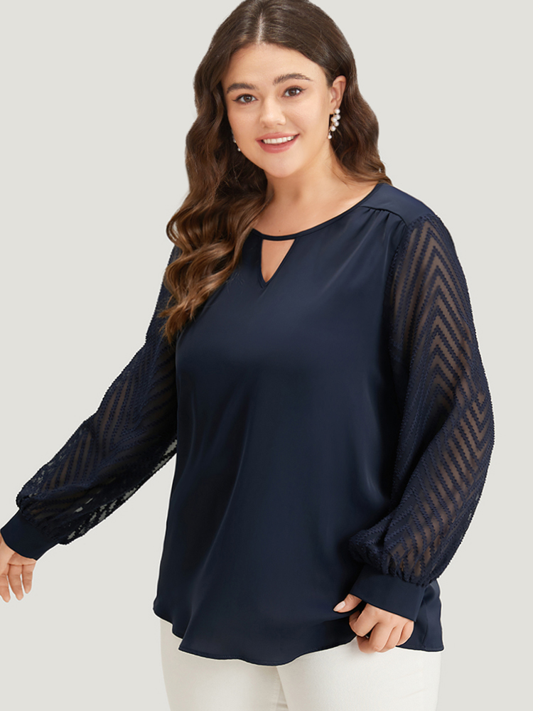 

Plus Size Indigo Plain Keyhole Lace Patchwork Lantern Sleeve Blouse Women Office Long Sleeve Keyhole Cut-Out Work Blouses BloomChic