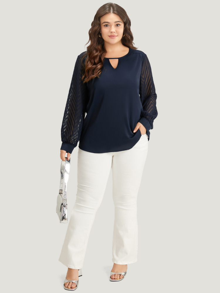 Plus Size Indigo Plain Keyhole Lace Patchwork Lantern Sleeve Blouse Women Office Long Sleeve Keyhole Cut-Out Work Blouses BloomChic 10/M 