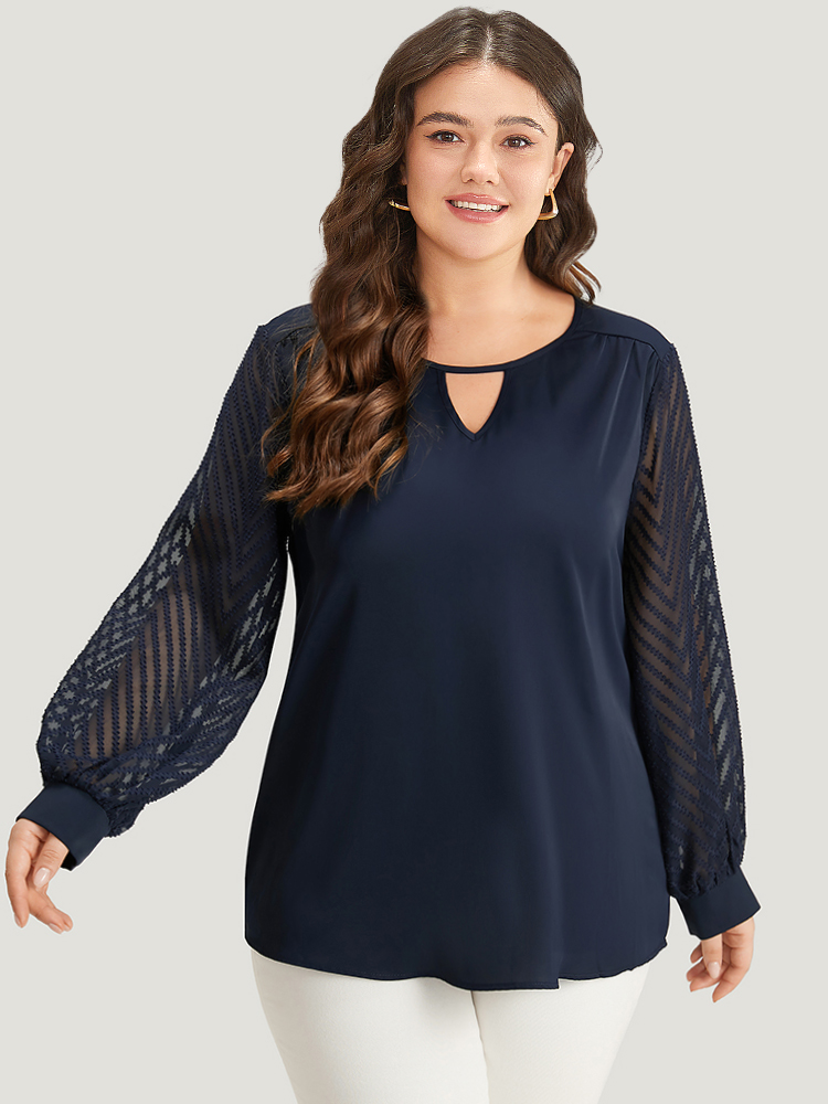 Plus Size Indigo Plain Keyhole Lace Patchwork Lantern Sleeve Blouse Women Office Long Sleeve Keyhole Cut-Out Work Blouses BloomChic 10/M 