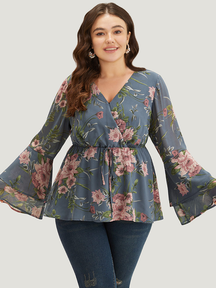 

Plus Size Stone Floral Print Wrap Tiered Bell Sleeve Elastic Waist Blouse Women Elegant Long Sleeve V-neck Dailywear Blouses BloomChic