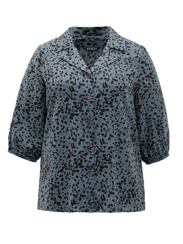 Plus Size Women Work Leopard Elastic cuffs Regular Sleeve Elbow-length sleeve Suit Collar Office Blouses BloomChic 