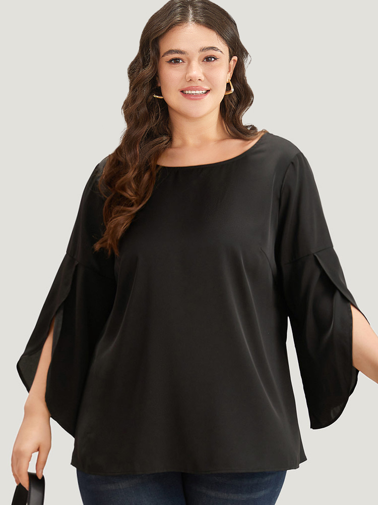 

Plus Size Black Plain Wrap Flutter Sleeve Crew Neck Blouse Women Office Elbow-length sleeve Round Neck Work Blouses BloomChic