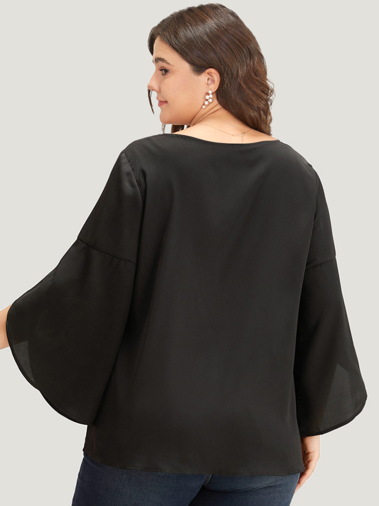 Plus Size Black Plain Wrap Flutter Sleeve Crew Neck Blouse Women Office Elbow-length sleeve Round Neck Work Blouses BloomChic 26/4X 