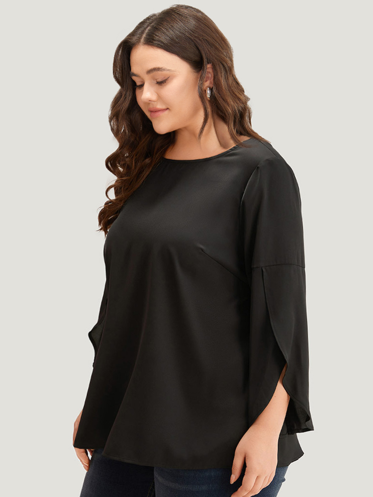 Plus Size Black Plain Wrap Flutter Sleeve Crew Neck Blouse Women Office Elbow-length sleeve Round Neck Work Blouses BloomChic 26/4X 