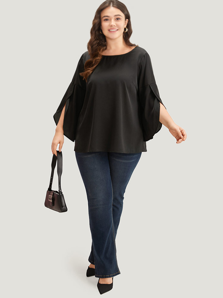 Plus Size Black Plain Wrap Flutter Sleeve Crew Neck Blouse Women Office Elbow-length sleeve Round Neck Work Blouses BloomChic 26/4X 
