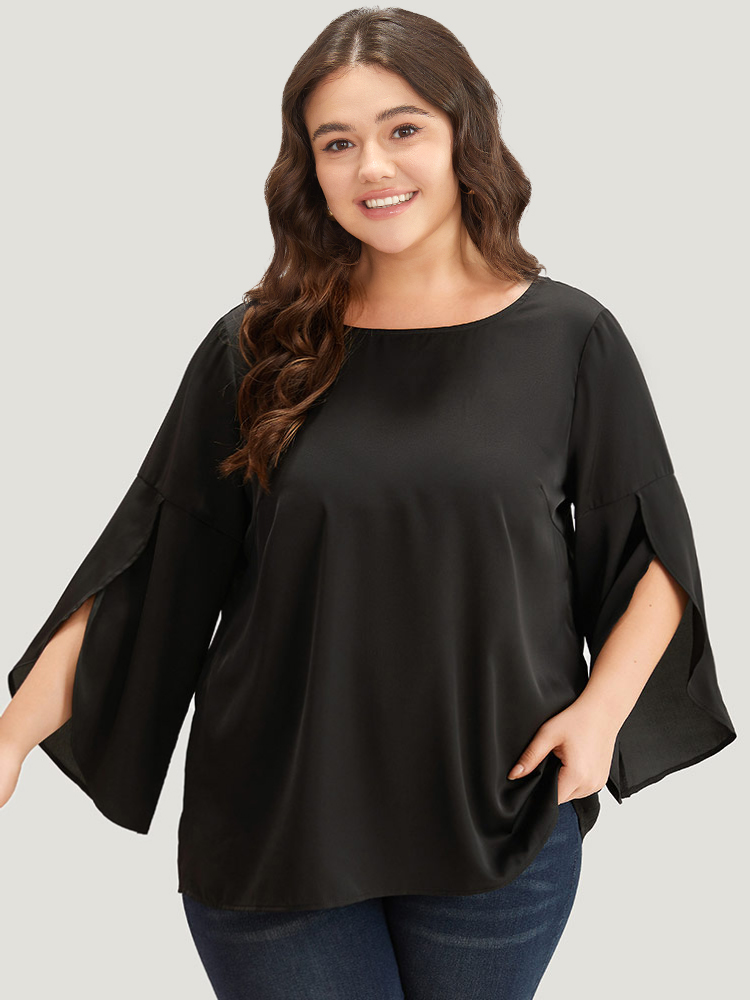 Plus Size Black Plain Wrap Flutter Sleeve Crew Neck Blouse Women Office Elbow-length sleeve Round Neck Work Blouses BloomChic 26/4X 