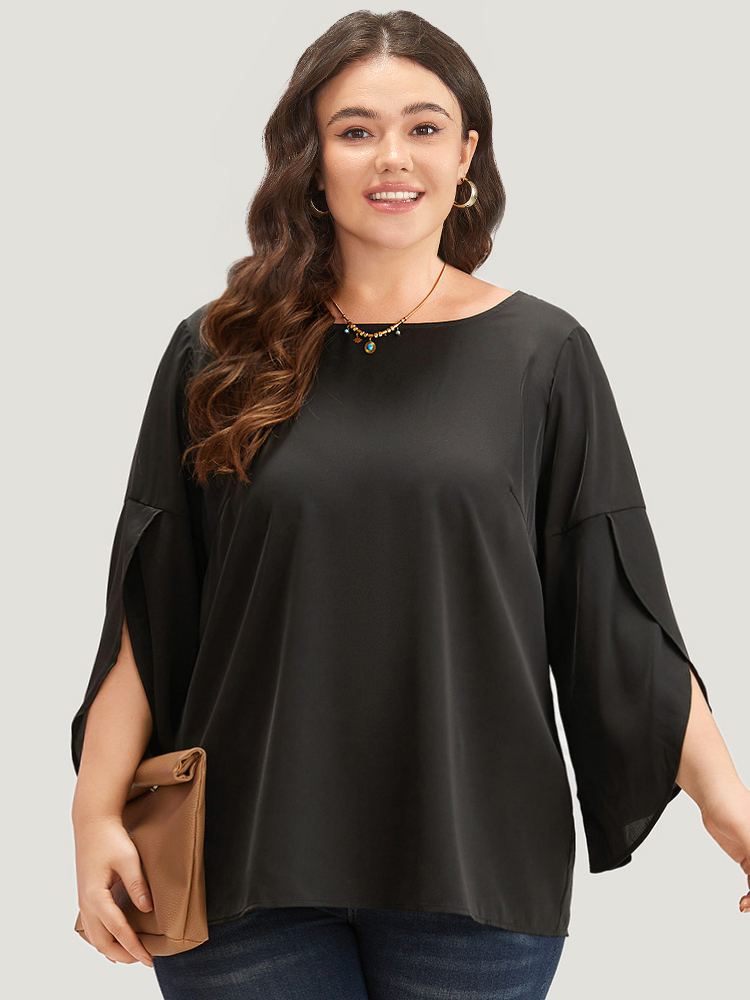 

Plus Size Black Plain Wrap Flutter Sleeve Crew Neck Blouse Women Office Elbow-length sleeve Round Neck Work Blouses BloomChic