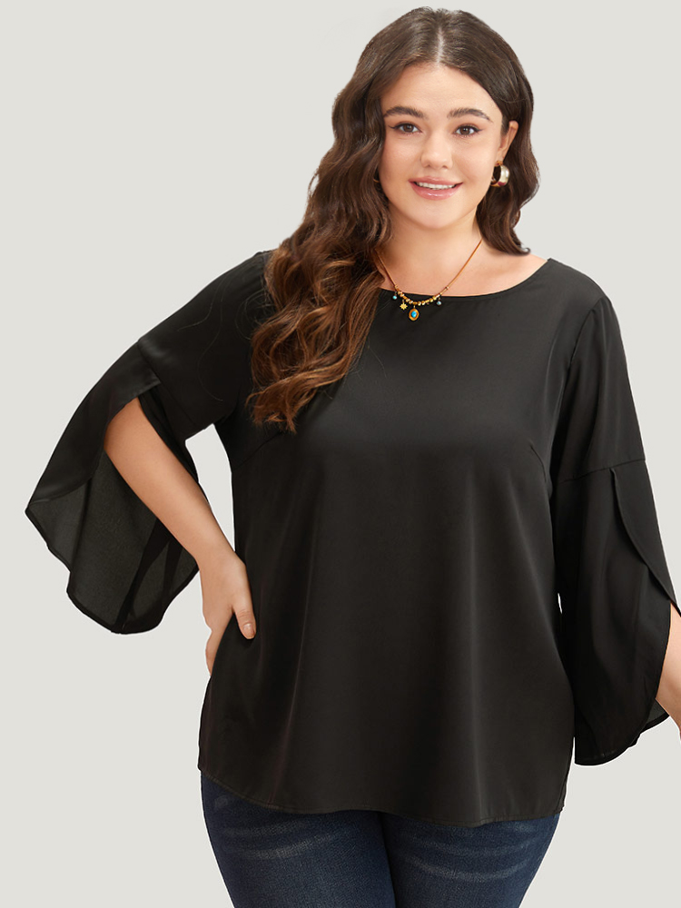 Plus Size Black Plain Wrap Flutter Sleeve Crew Neck Blouse Women Office Elbow-length sleeve Round Neck Work Blouses BloomChic 26/4X 