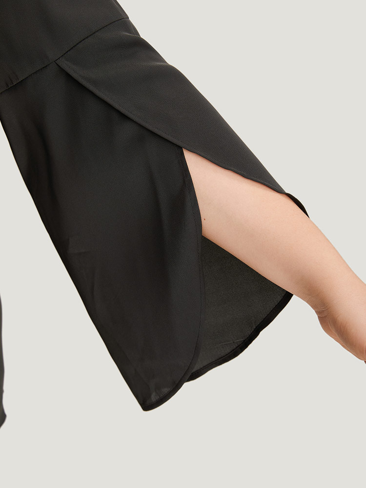 Plus Size Black Plain Wrap Flutter Sleeve Crew Neck Blouse Women Office Elbow-length sleeve Round Neck Work Blouses BloomChic 26/4X 