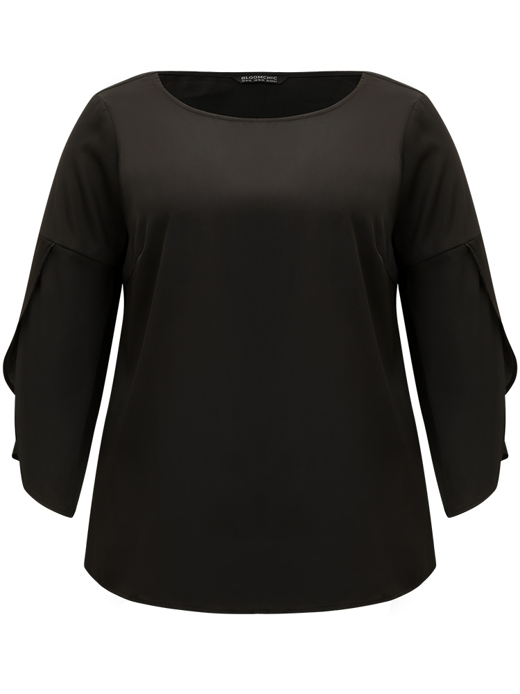 Plus Size Black Plain Wrap Flutter Sleeve Crew Neck Blouse Women Office Elbow-length sleeve Round Neck Work Blouses BloomChic 26/4X 