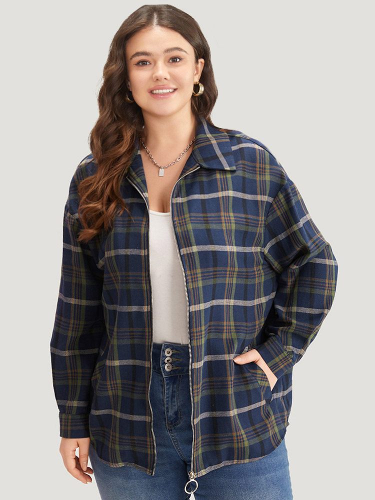 Plus Size Women Dailywear Plaid Zipper Pocket Casual Coats BloomChic 