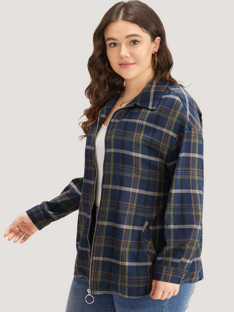 Plus Size Women Dailywear Plaid Zipper Pocket Casual Coats BloomChic 