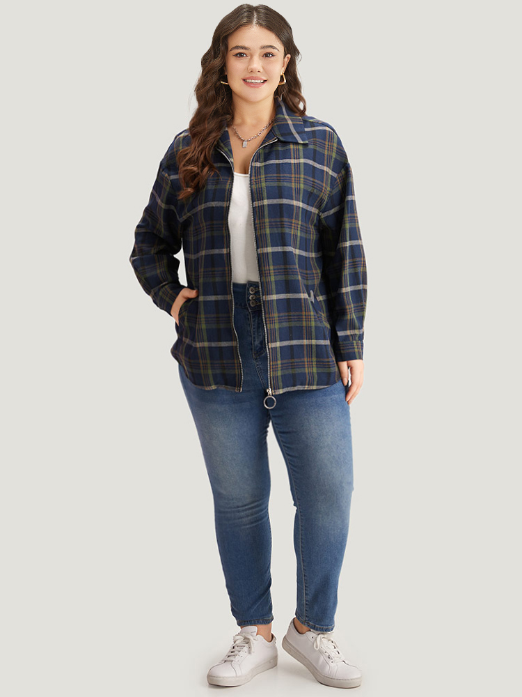 Plus Size Women Dailywear Plaid Zipper Pocket Casual Coats BloomChic 