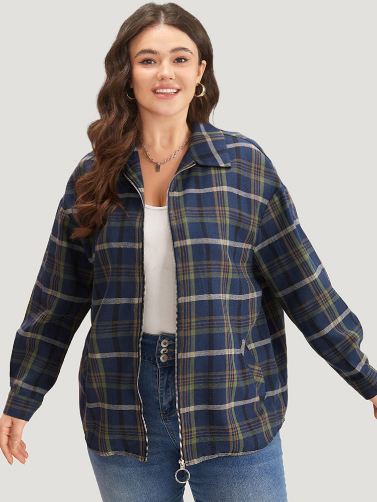 Plus Size Women Dailywear Plaid Zipper Pocket Casual Coats BloomChic 