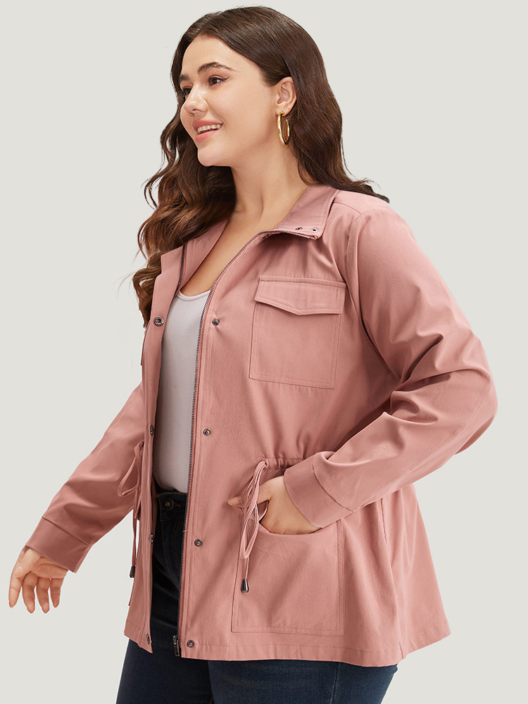 Plus Size Plain Pocket Button Through Drawstring Zipper Coat Women Rouge Plain Pocket Dailywear Jackets BloomChic 26/4X 