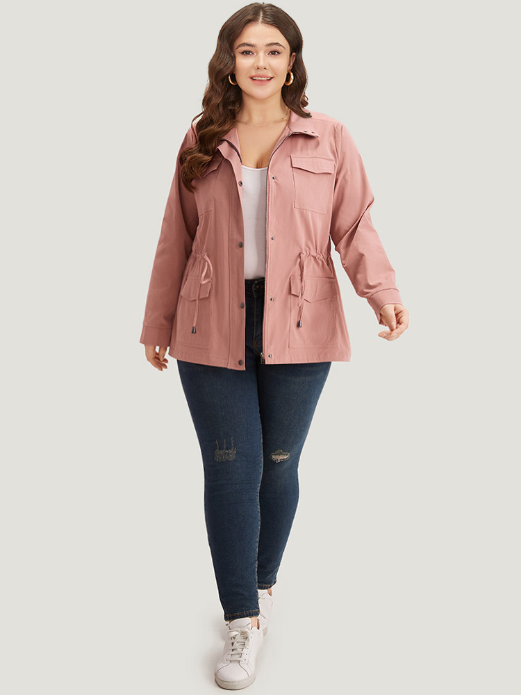 Plus Size Plain Pocket Button Through Drawstring Zipper Coat Women Rouge Plain Pocket Dailywear Jackets BloomChic 26/4X 