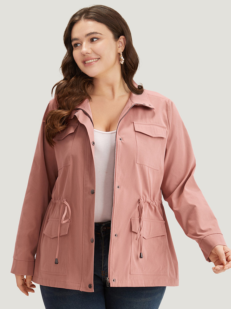 Plus Size Plain Pocket Button Through Drawstring Zipper Coat Women Rouge Plain Pocket Dailywear Jackets BloomChic 26/4X 
