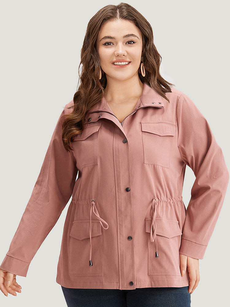 Plus Size Plain Pocket Button Through Drawstring Zipper Coat Women Rouge Plain Pocket Dailywear Jackets BloomChic 26/4X 