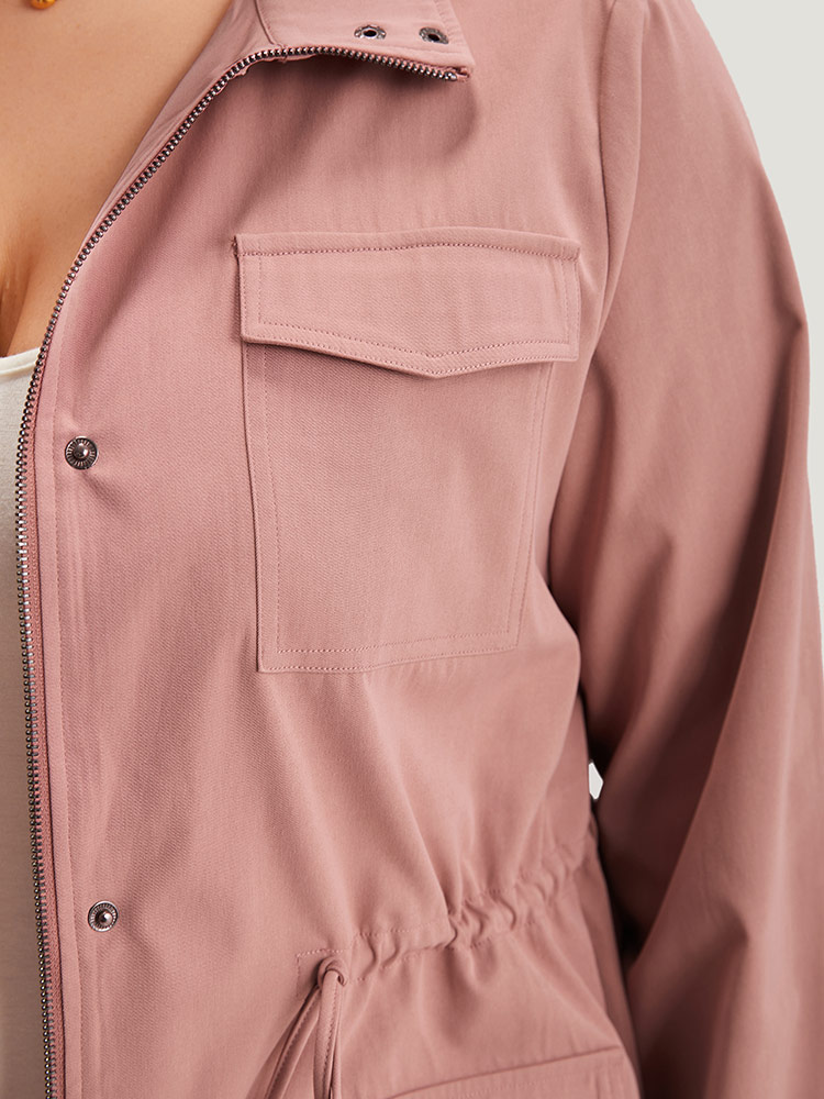 Plus Size Plain Pocket Button Through Drawstring Zipper Coat Women Rouge Plain Pocket Dailywear Jackets BloomChic 26/4X 