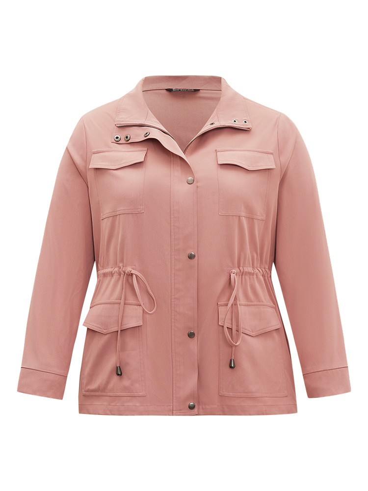 Plus Size Plain Pocket Button Through Drawstring Zipper Coat Women Rouge Plain Pocket Dailywear Jackets BloomChic 26/4X 