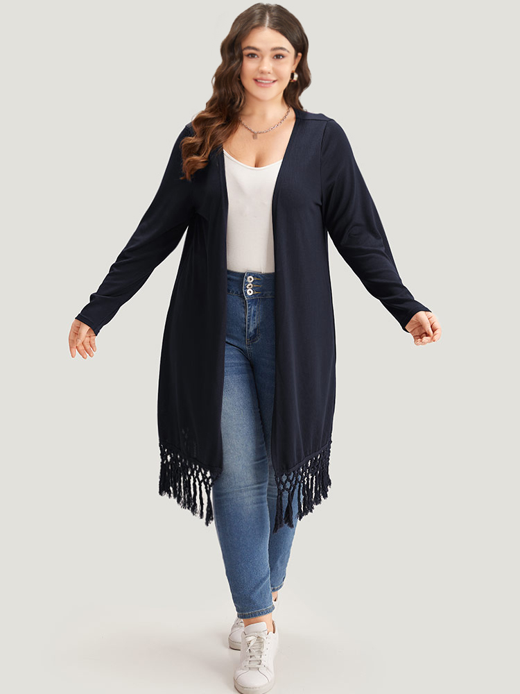 

Plus Size Plain Patchwork Open Front Tassel Trim Kimono Women DarkBlue Casual Tassels Dailywear Kimonos BloomChic