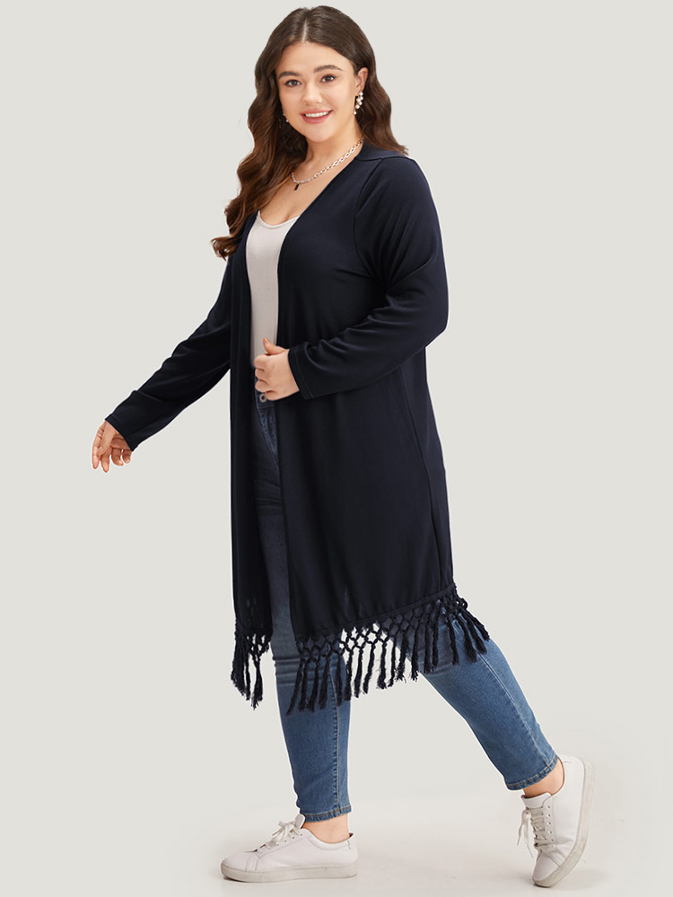 

Plus Size Plain Patchwork Open Front Tassel Trim Kimono Women DarkBlue Casual Tassels Dailywear Kimonos BloomChic