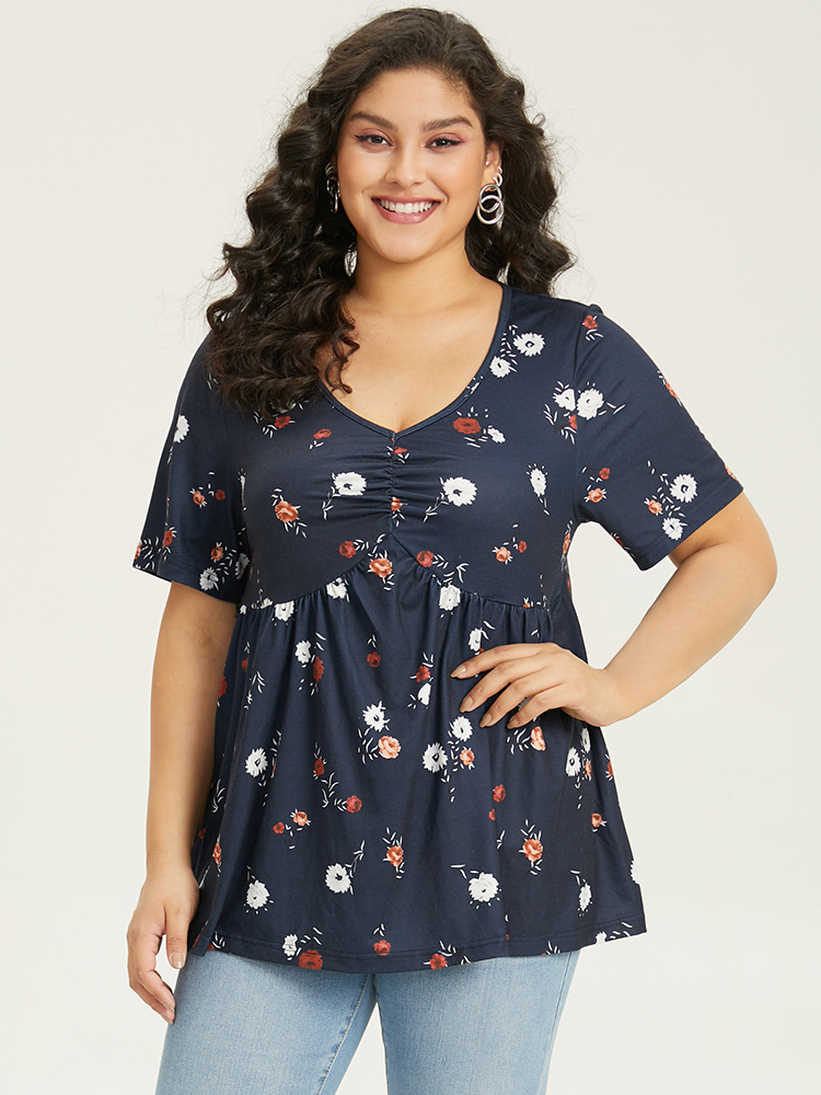 

Floral Print V Neck Elastic Waist Flutter Hem T-shirt, Indigo