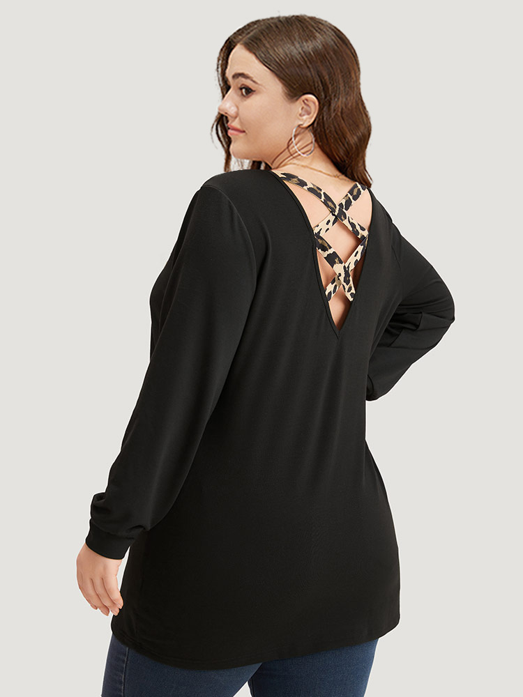 Plus Size Women Dailywear Leopard Backless Regular Regular Sleeve Long Sleeve V-neck Casual Sweatshirts BloomChic 