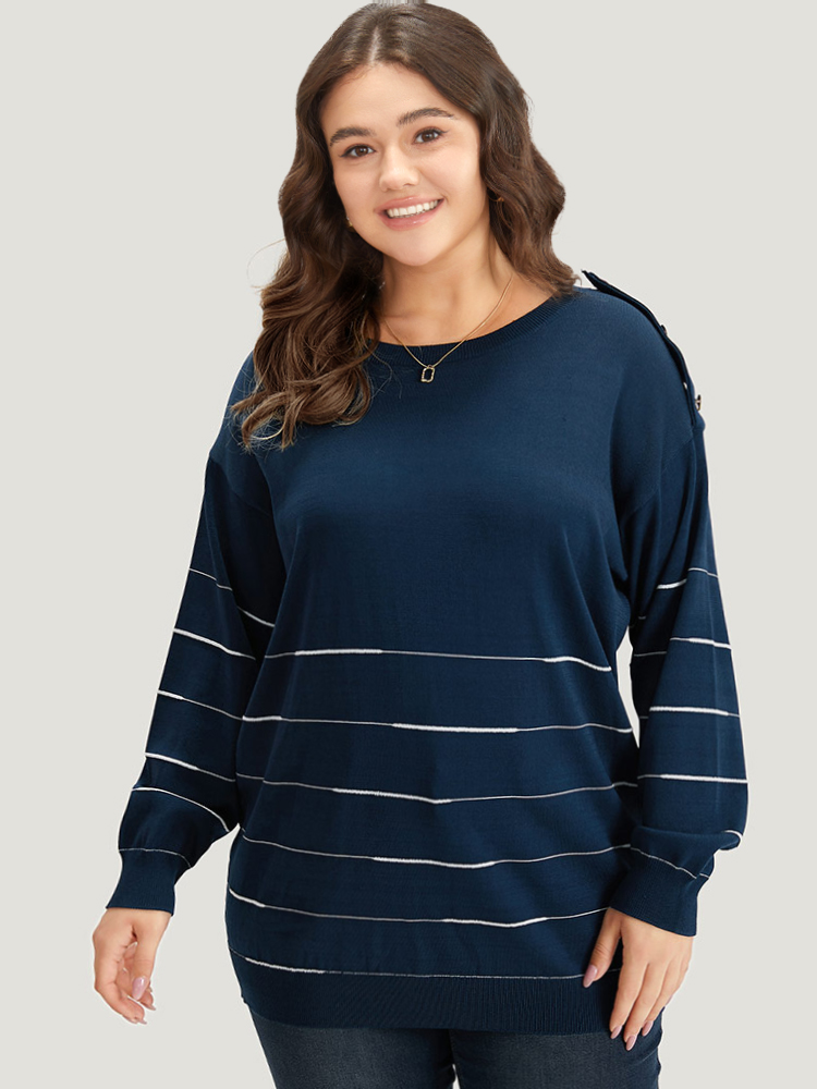 

Plus Size Striped Metal Button Detail Elastic Cuffs Pullover Navy Women Casual Loose Long Sleeve Round Neck Everyday Pullovers BloomChic