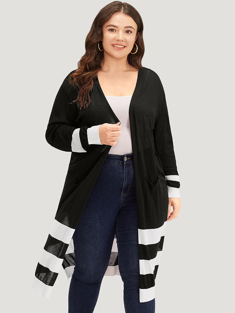 

Plus Size Supersoft Essentials Contrast Patched Pocket Maxi Cardigan Black Women Casual Loose Long Sleeve Dailywear Cardigans BloomChic