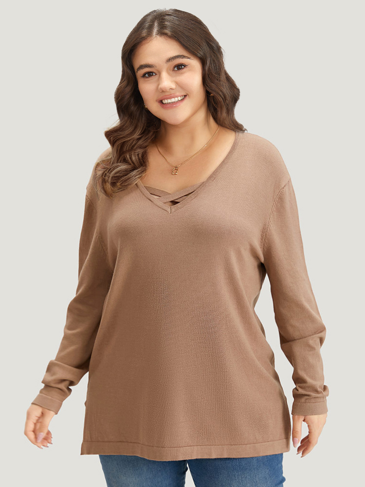 

Plus Size Supersoft Essentials Crisscross Neck Split Side Pullover Tan Women Casual Loose Long Sleeve V-neck Dailywear Pullovers BloomChic