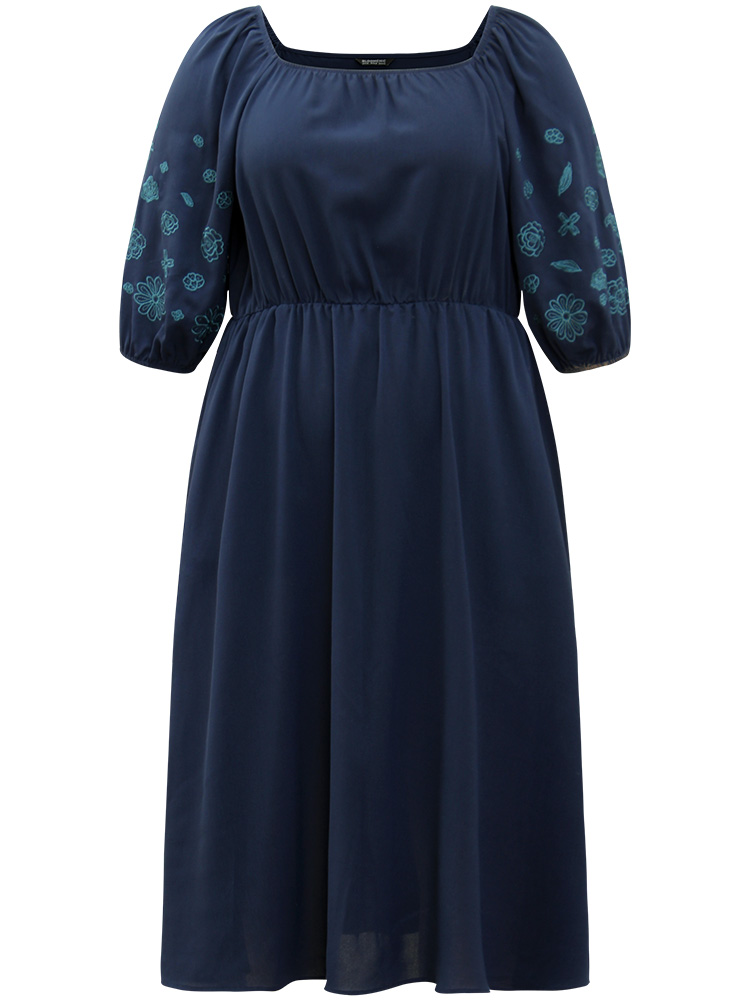 

Plus Size Floral Embroidered Pocket Square Neck Lantern Sleeve Dress Indigo Women Elegant Elastic cuffs Square Neck Half Sleeve Curvy Midi Dress BloomChic