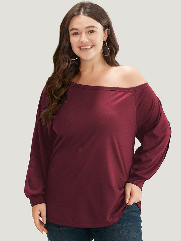 

Plus Size Plain One Shoulder Button Detail Elastic Cuffs T-shirt Raspberry Women Elegant Elastic cuffs Plain One Shoulder Dailywear T-shirts BloomChic