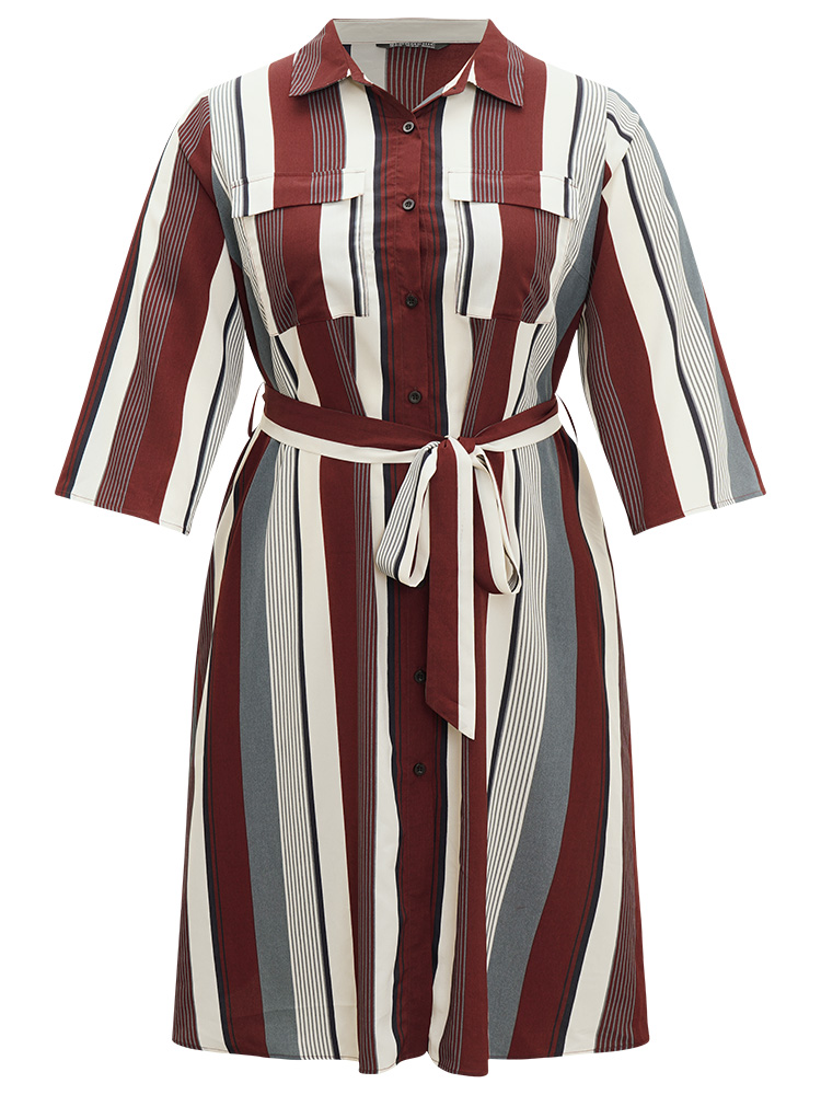 

Plus Size Striped Contrast Pocket Button Through Belted Shirt Collar Dress Multicolor Women Work From Home Belted Shirt collar Elbow-length sleeve Curvy Midi Dress BloomChic