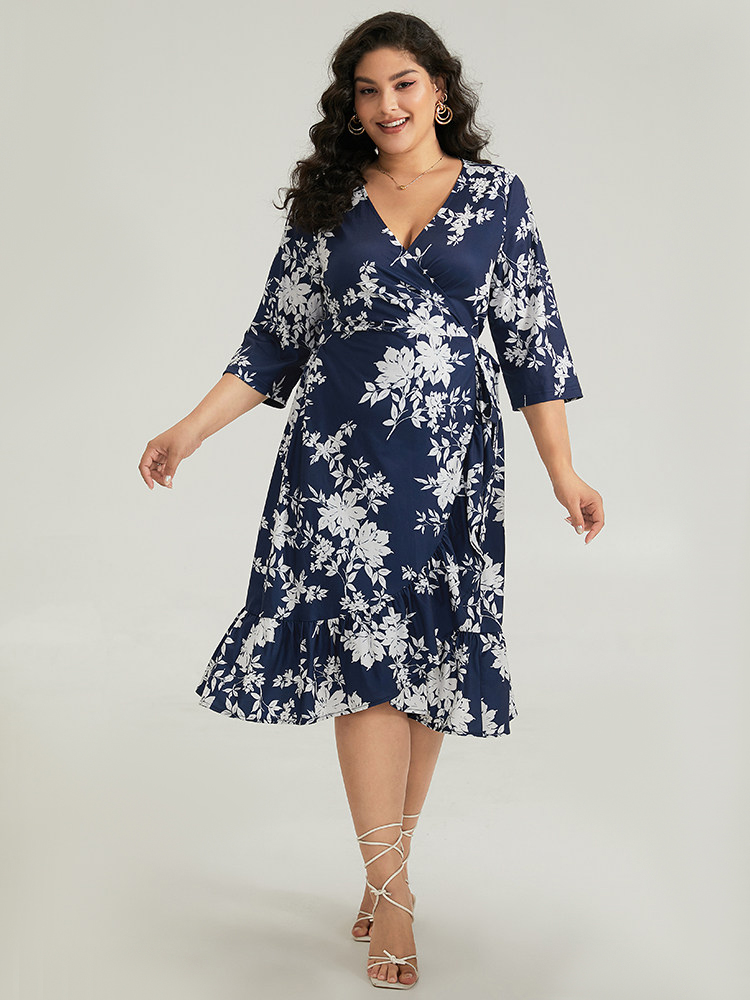 

Plus Size Silhouette Floral Print Ties Wrap Dress Indigo Women Elegant Cross straps V-neck Elbow-length sleeve Curvy Midi Dress BloomChic